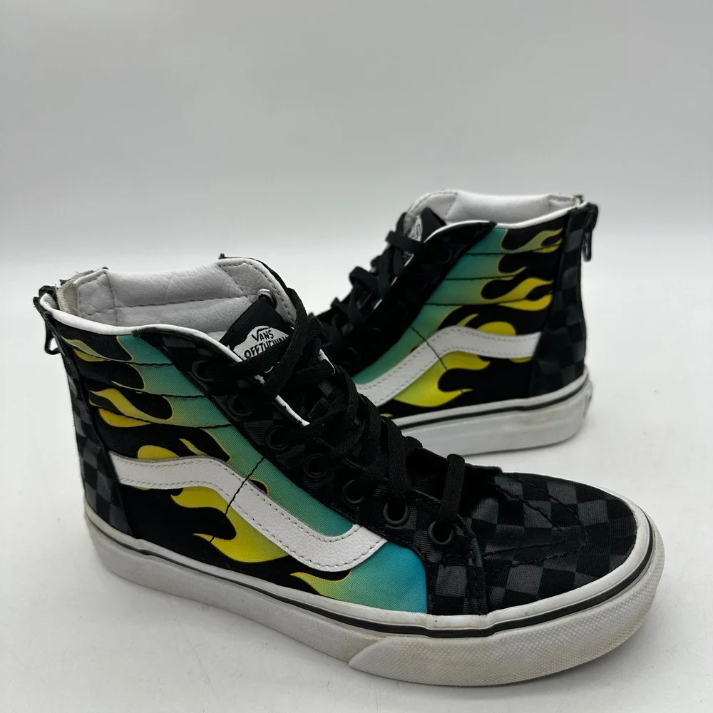 Vans 721454 Sk8‎ Hi Zip Kids Size 2.5 Youth Flame Checkered High Top Sneakers